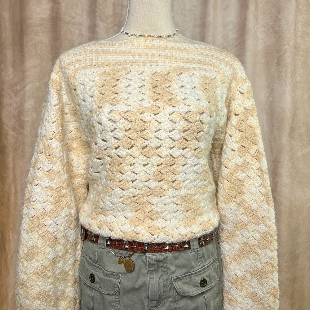 Vintage 70s Handmade Chunky Crochet Knit Sweater Beige Cream Puffy Sleeve Retro